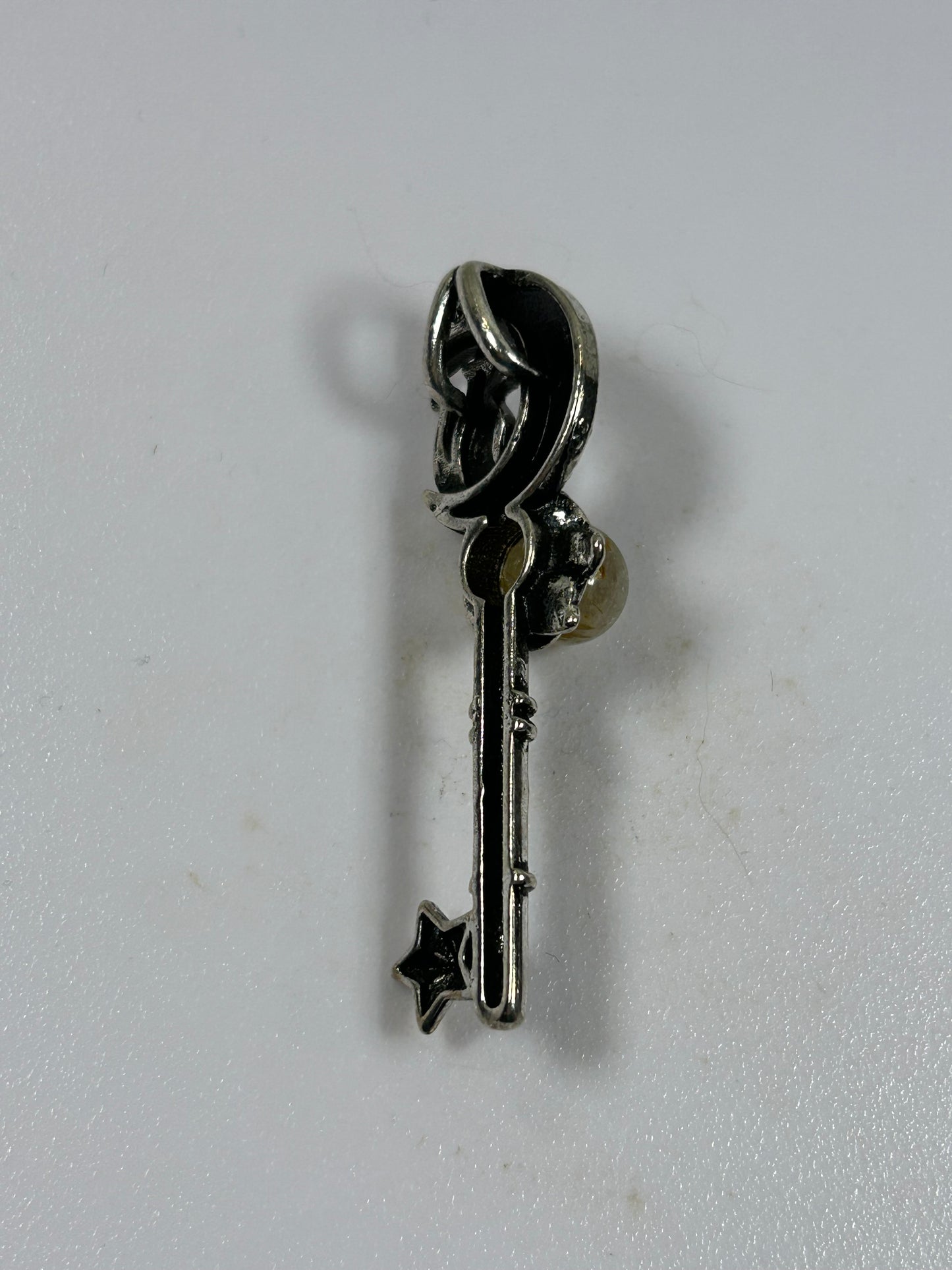 Citrine Silver Tone Key Crescent Moon With Cat Pendant - New