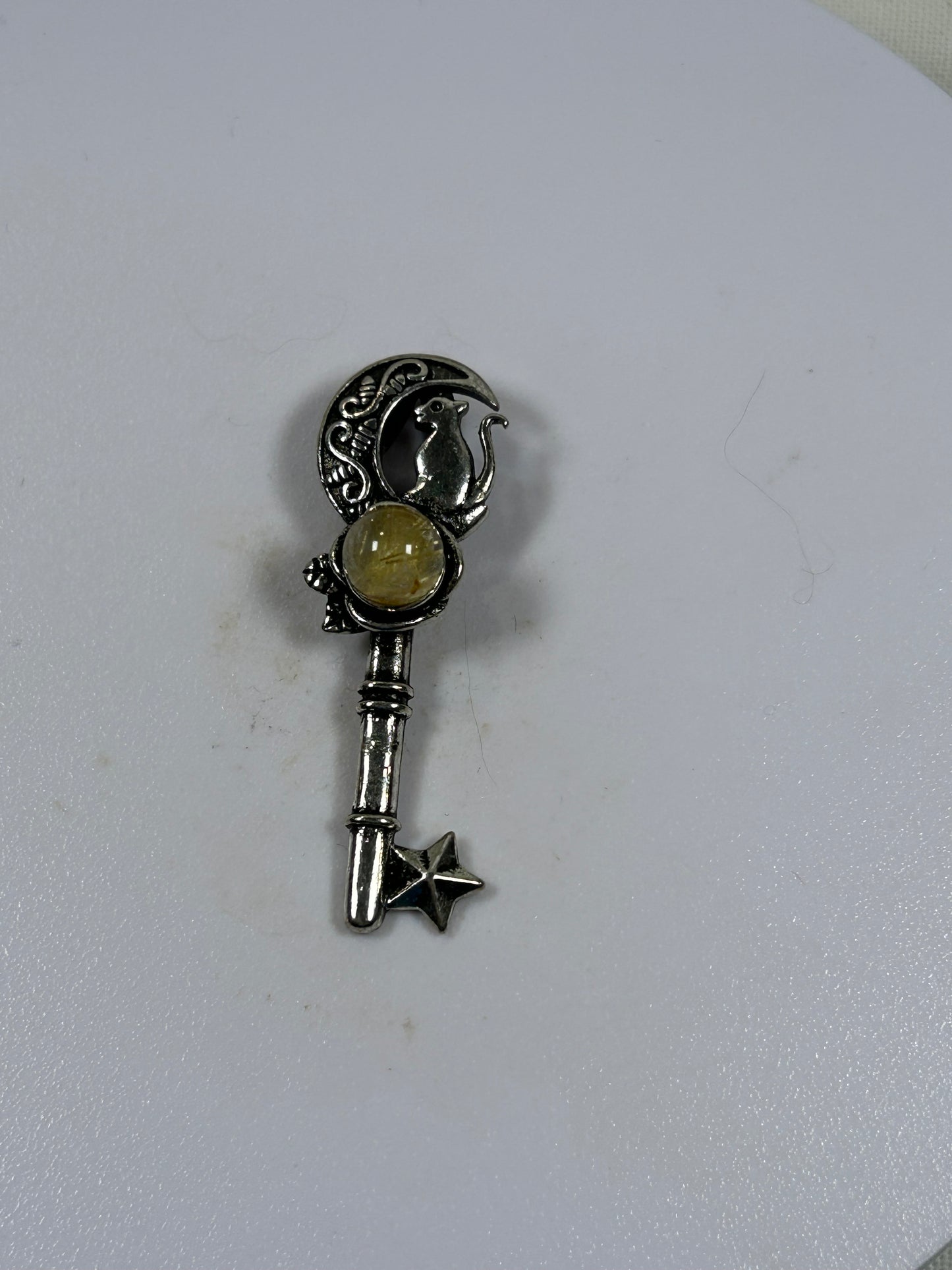 Citrine Silver Tone Key Crescent Moon With Cat Pendant - New