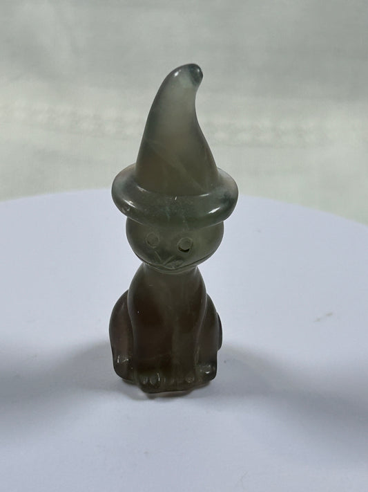 (#1161) - Fluorite Cat with Witch Hat - New